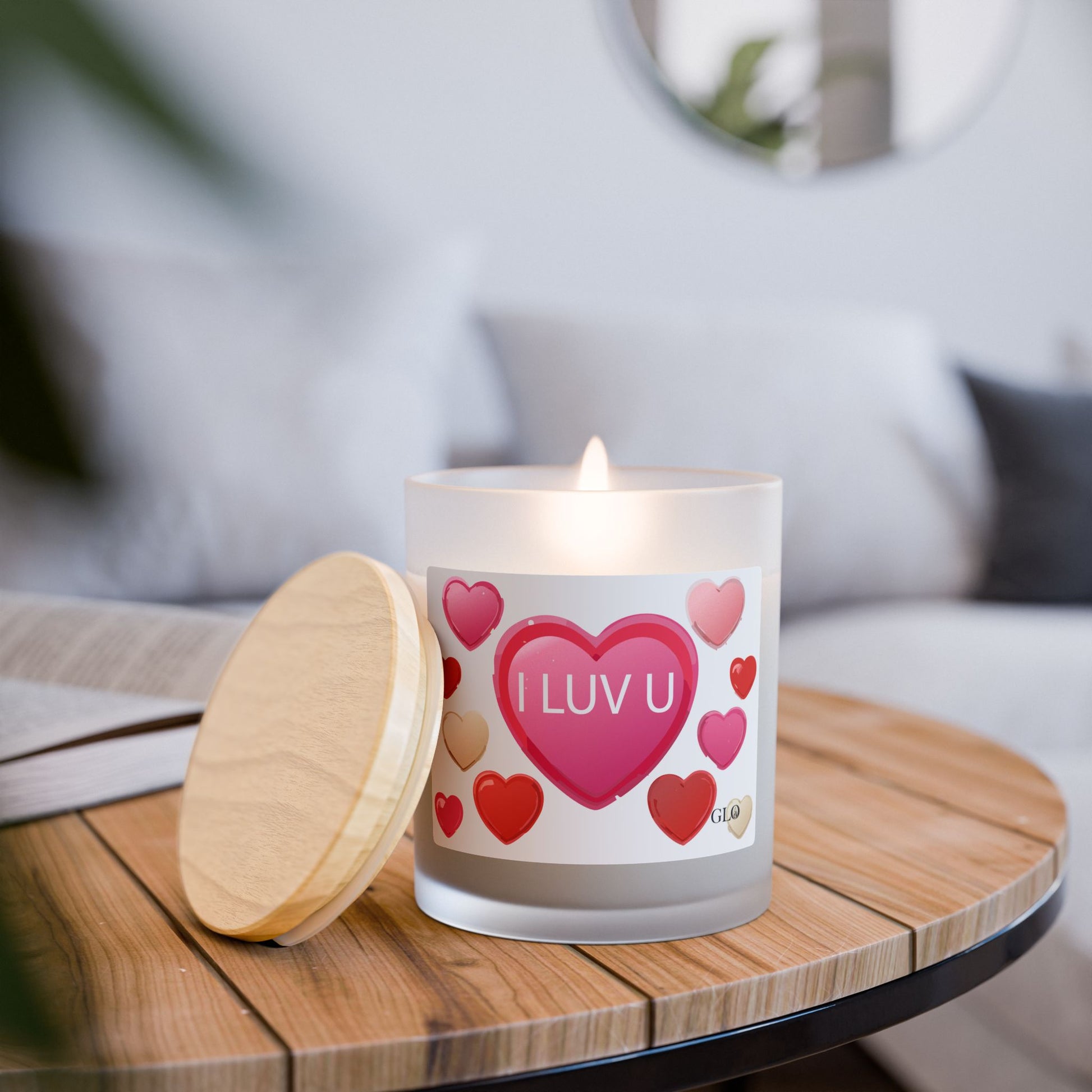 Frosted Glass Candle | "I luv u" with hearts | 11oz