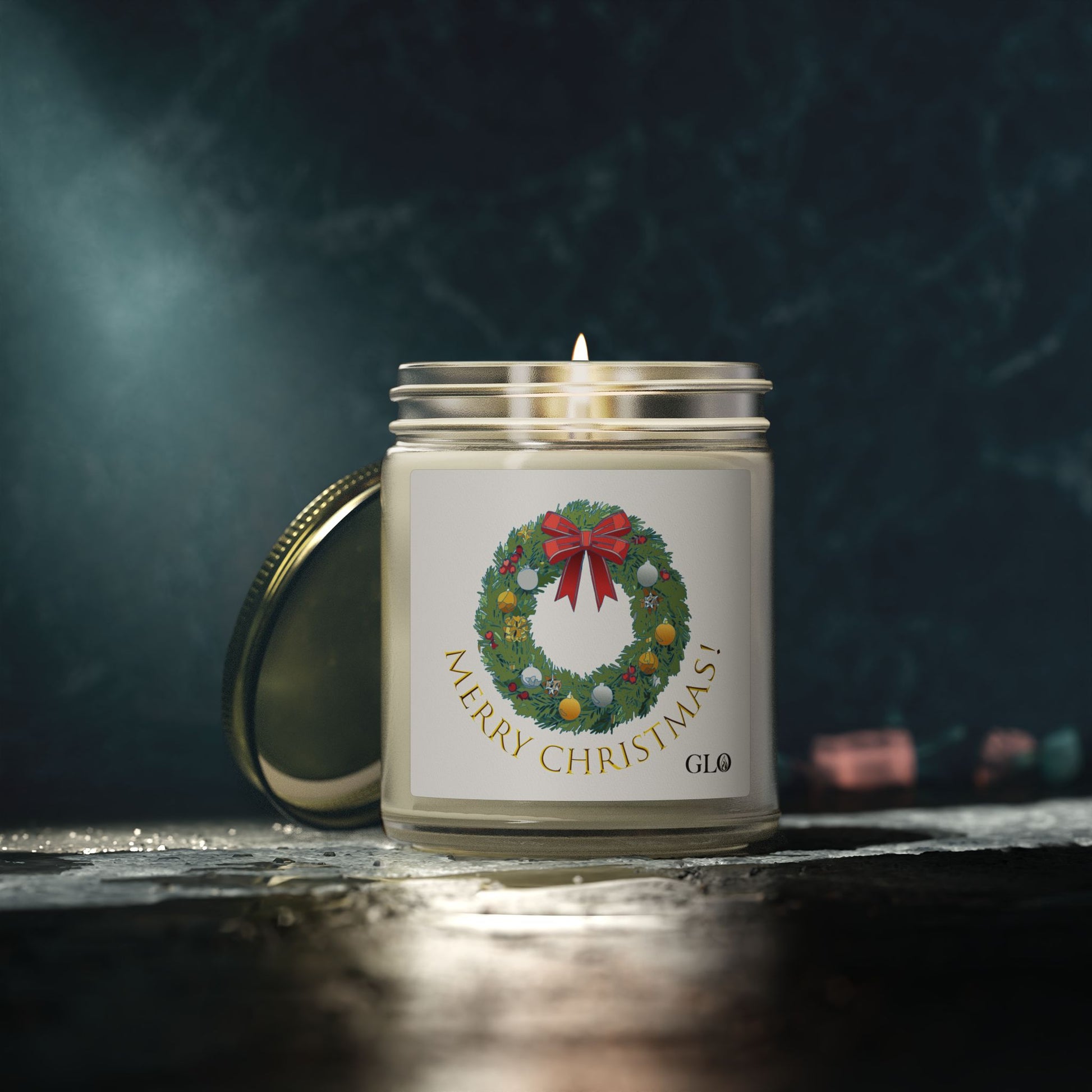 Glass Jar Candle | "Merry Christmas" with wreath | 4oz & 9oz