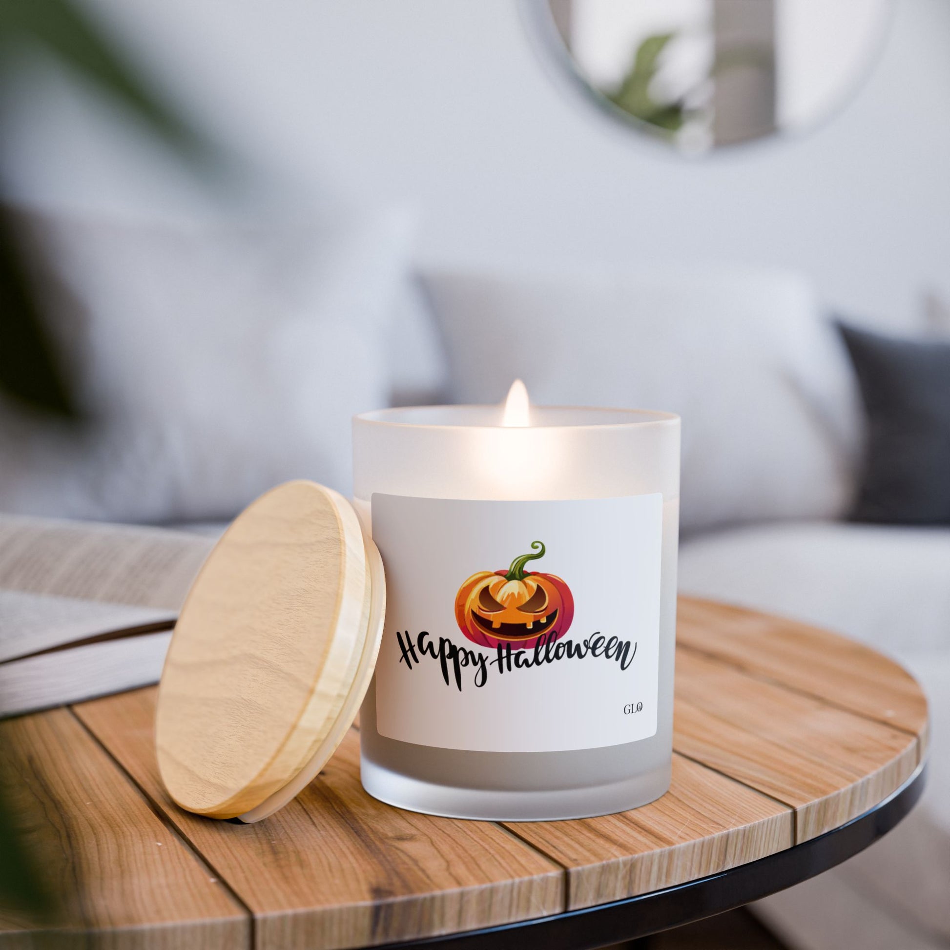 Frosted Glass Candle | 'Happy Halloween' with Jack-o-lantern | 11 oz