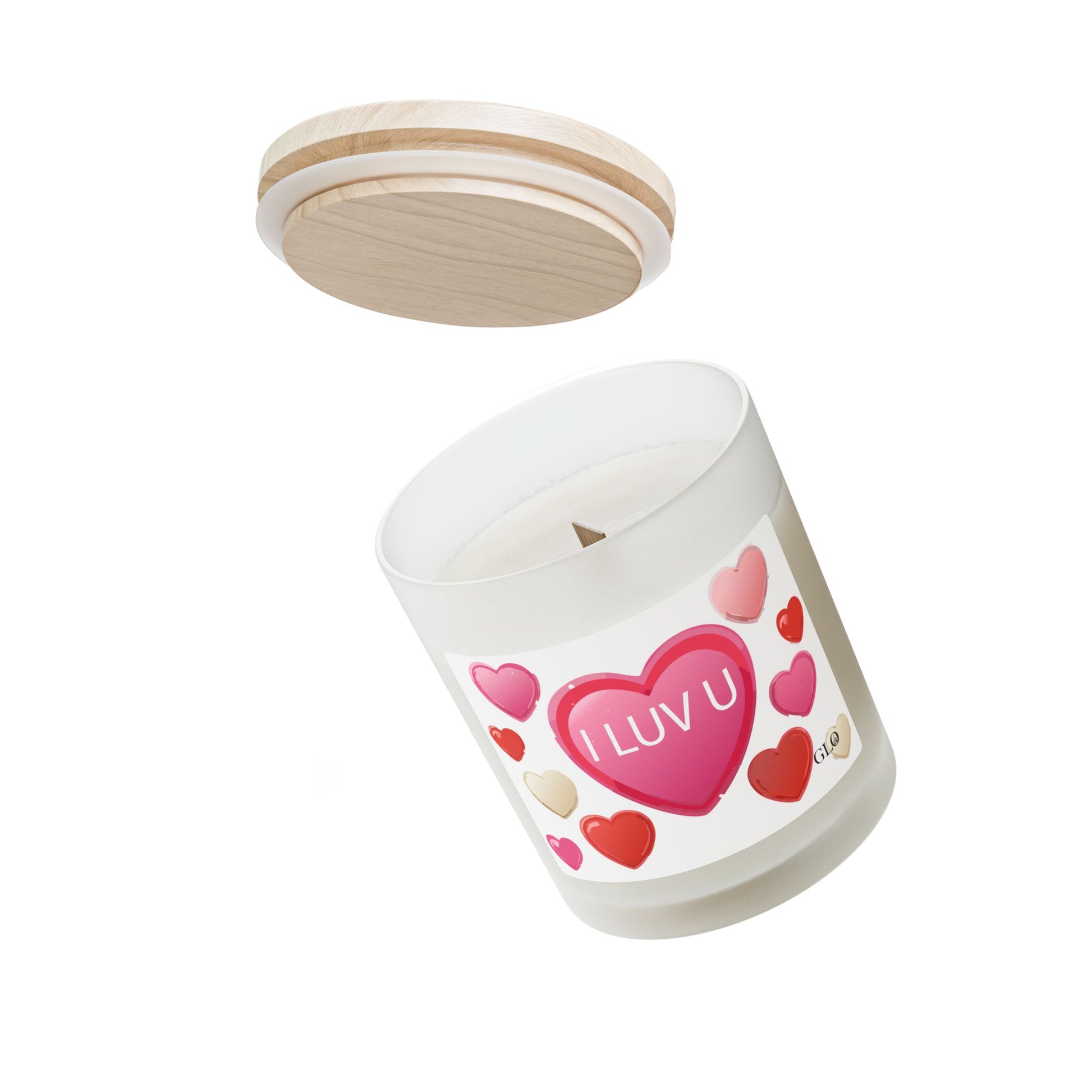 Frosted Glass Candle | "I luv u" with hearts | 11oz
