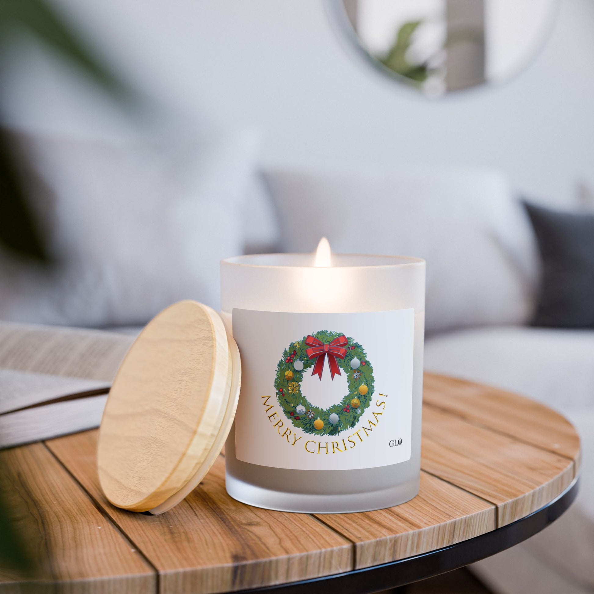 Frosted Glass Candle | "Merry Christmas"with wreath | 11oz