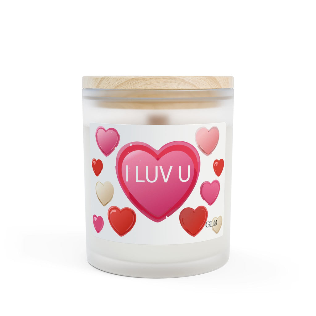 Frosted Glass Candle | "I luv u" with hearts | 11oz