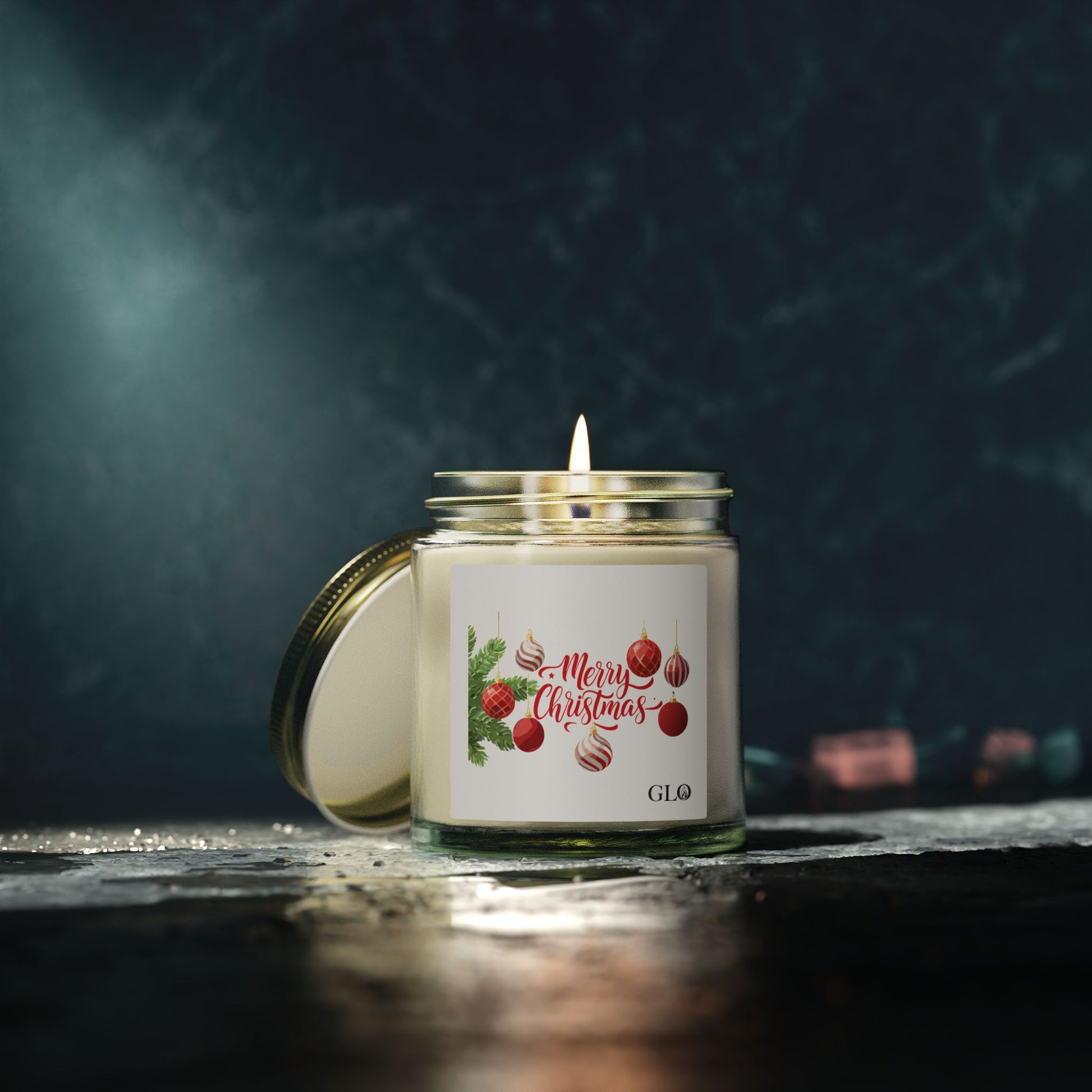 Glass Jar Candle | "Merry Christmas" with ornaments | 4oz & 9oz