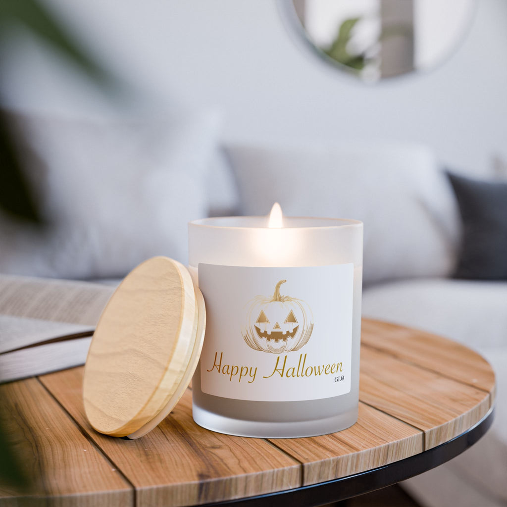 Frosted Glass Candle | "Happy Halloween" elegant with jack-o-lantern | 11oz