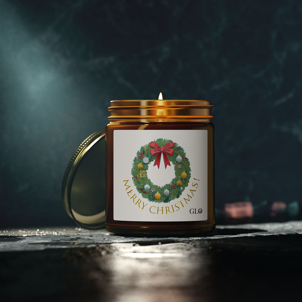 Glass Jar Candle | "Merry Christmas" with wreath | 4oz & 9oz