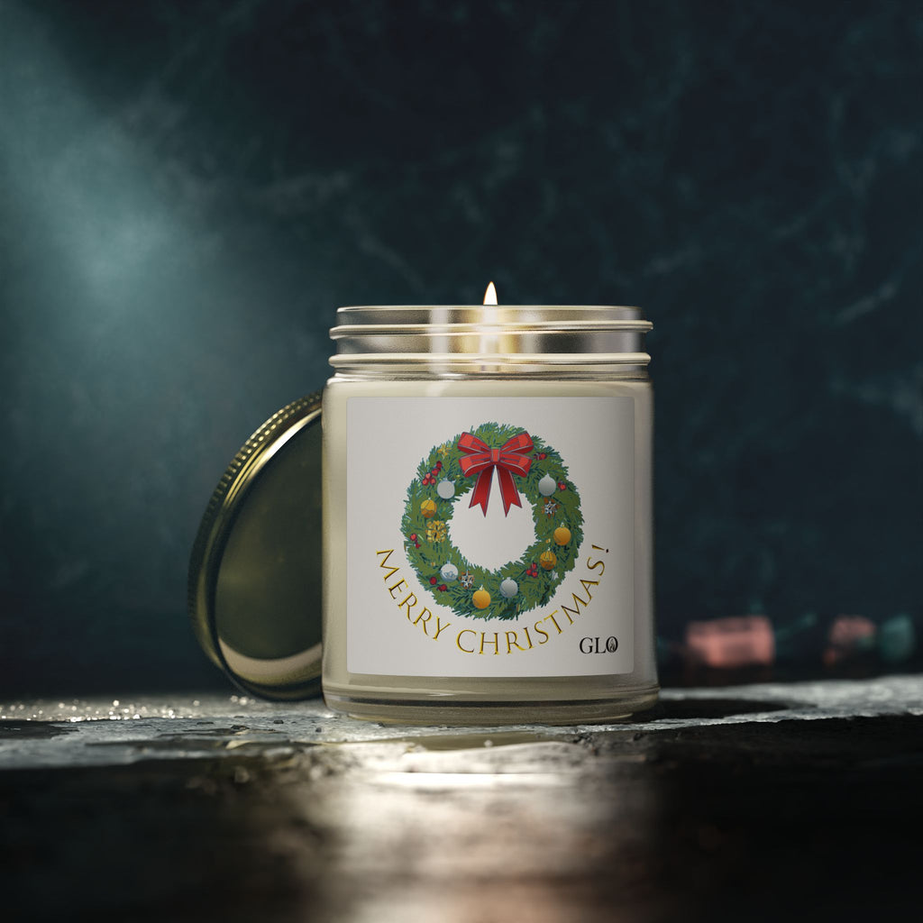 Glass Jar Candle | "Merry Christmas" with wreath | 4oz & 9oz