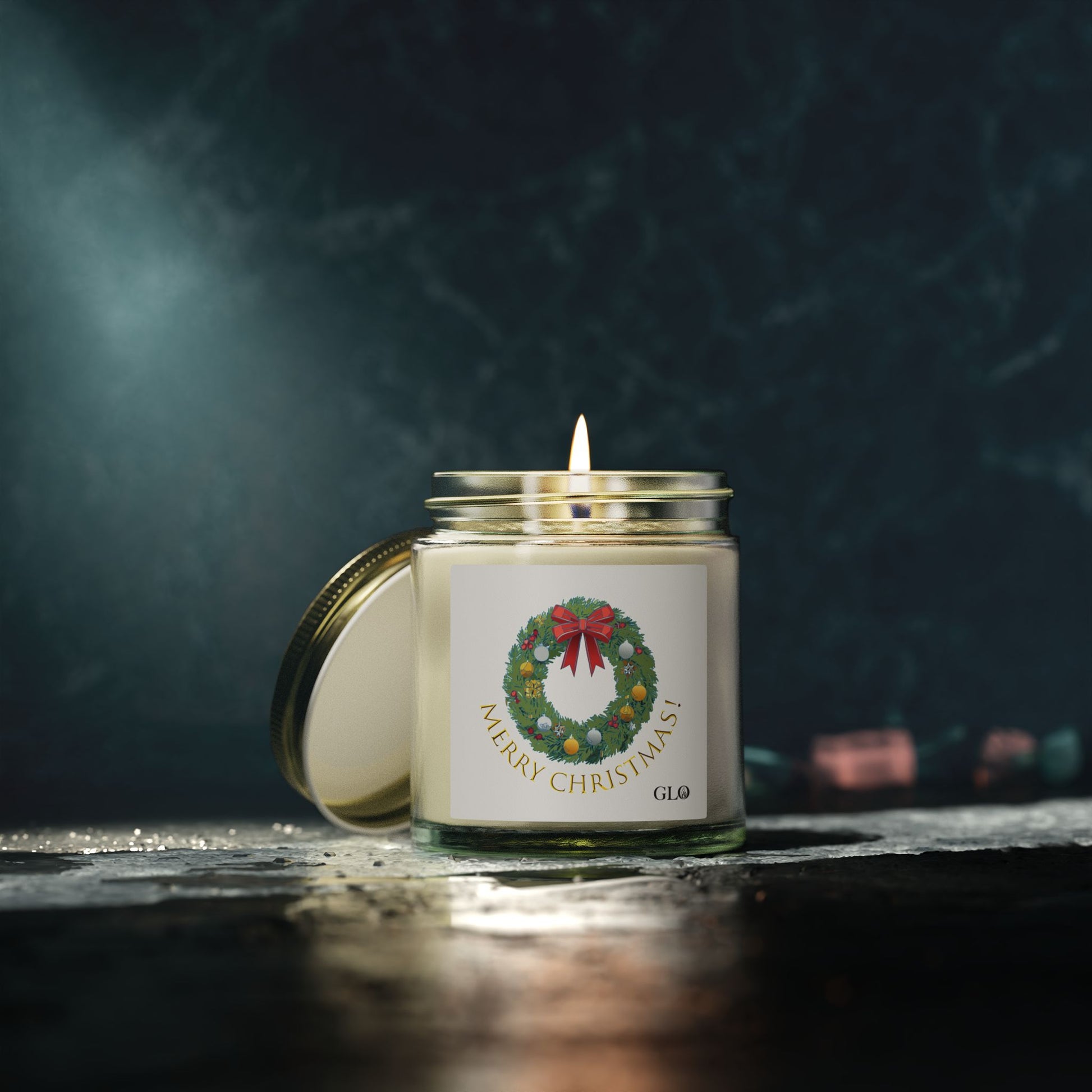 Glass Jar Candle | "Merry Christmas" with wreath | 4oz & 9oz