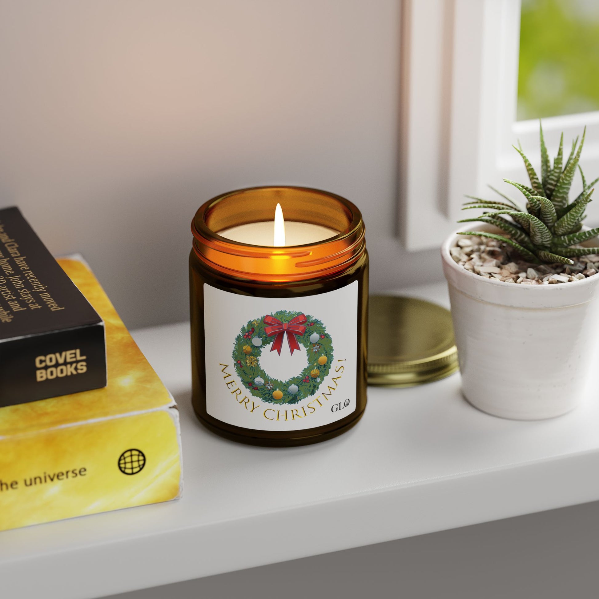 Glass Jar Candle | "Merry Christmas" with wreath | 4oz & 9oz