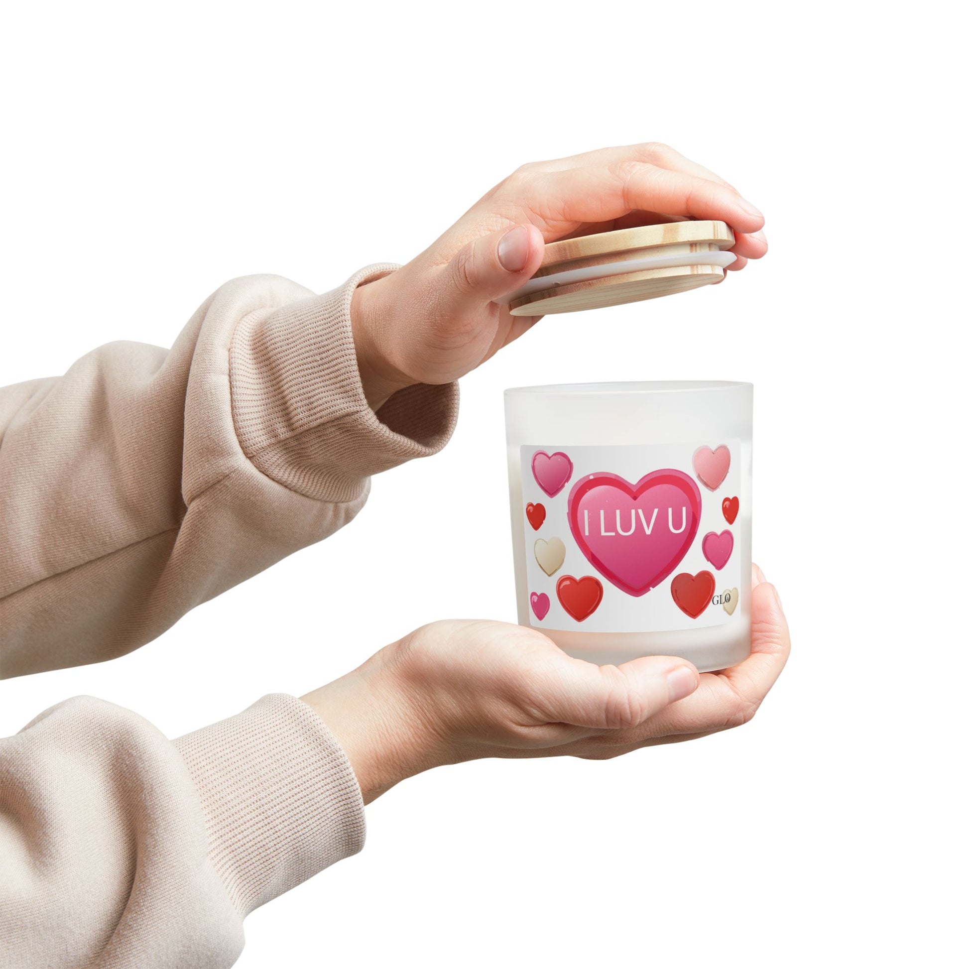 Frosted Glass Candle | "I luv u" with hearts | 11oz